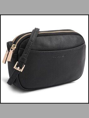 Genuine Leather Double Zipper Small Crossbody Bag Adjustable Strap